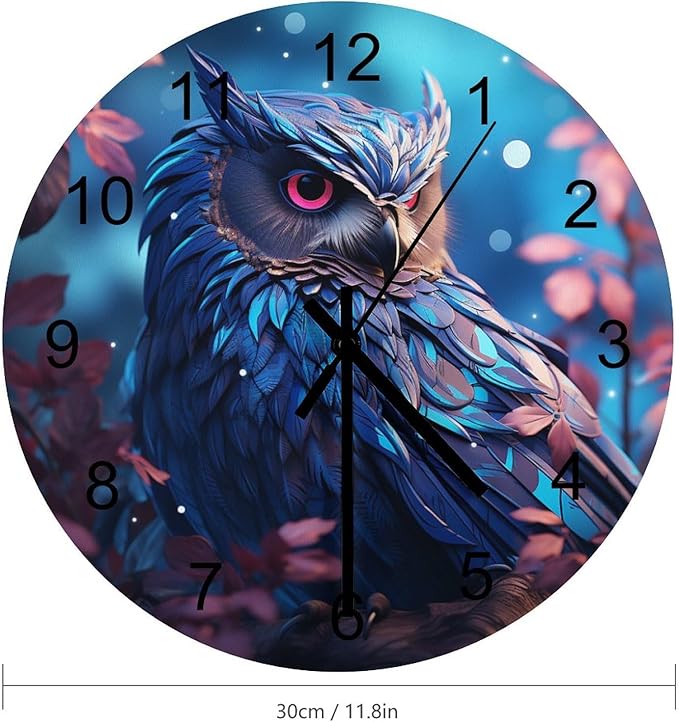 Blue Owl-Themed Circular Wall Clock, Dreamy Background Owl Watercolor Art In The Flower Night Forest, Wooden Silent Wall Decorative Wall Clock Teenagers' Rooms, Living Kitchens 12x12INCH