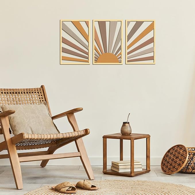 COLOR VALLEY ART Boho Wall Sculptures - Set of 3 Wood Wall Decor Pcs - Chic Sun Wall Artwork for Modern Home - 16.5"x33" Horizontal and Long Pictures for Wall Decor - Ideal for Living Room and Bedroom
