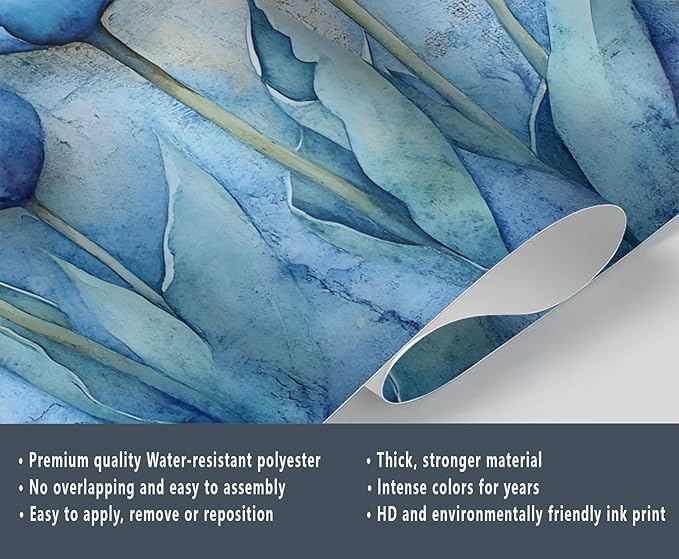 Blue Flowers Mural Wallpaper, Watercolor Flowers Murals, European Simple Wall Art Murals Wallpaper for Living Room Bedroom Home Decor Mural - 118" W x 82.30" H (Not Peel Stick)