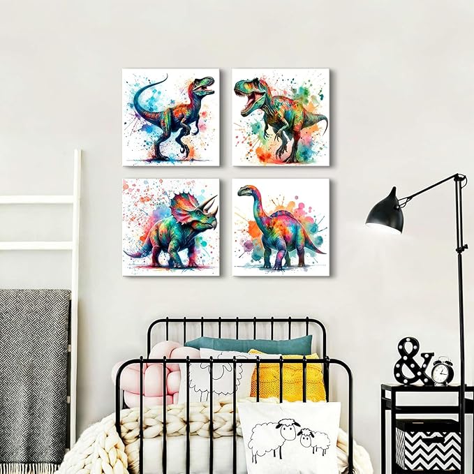 Colorful Dinosaur Canvas Wall Art for Boys Watercolor Dinosaur Painting Prints Kids Bedroom Dino Pictures Wall Decor Toddler Nursery Animal Poster Artwork Bathroom Home Decorations 16x16” 4Pcs