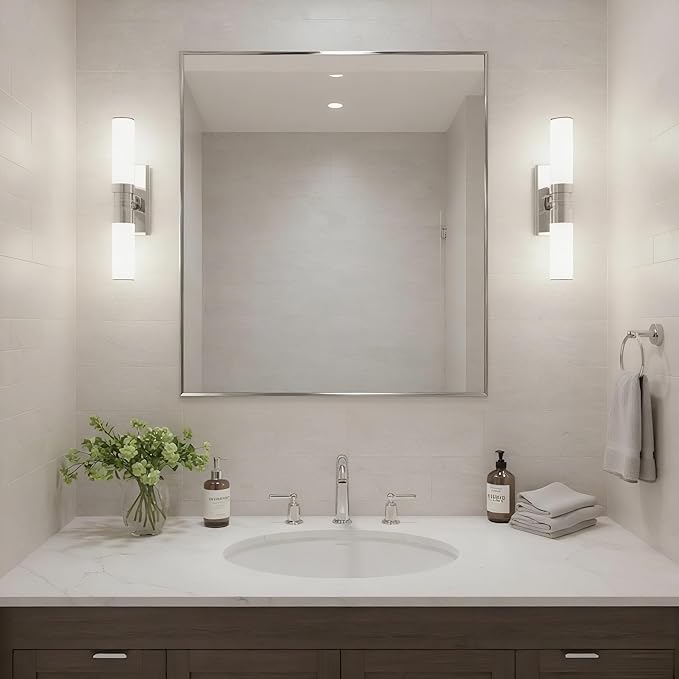 24x30 Inch Nickel Bathroom Mirror for Wall, Aluminum Frame Rectangle Rectangular Vanity Mirror, Modern Large for Bedroom, Living Room, Horizontal or Vertical