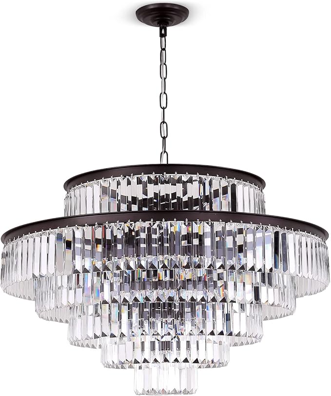 Brown Modern Style Top K9 Crystal Chandeliers & LightsRound Hanging Classic, Pendant Ceiling Chandelier Lighting Fixture 6-Tier for Dining Room Living Room(Oil Brown, Dia 31 Inch)