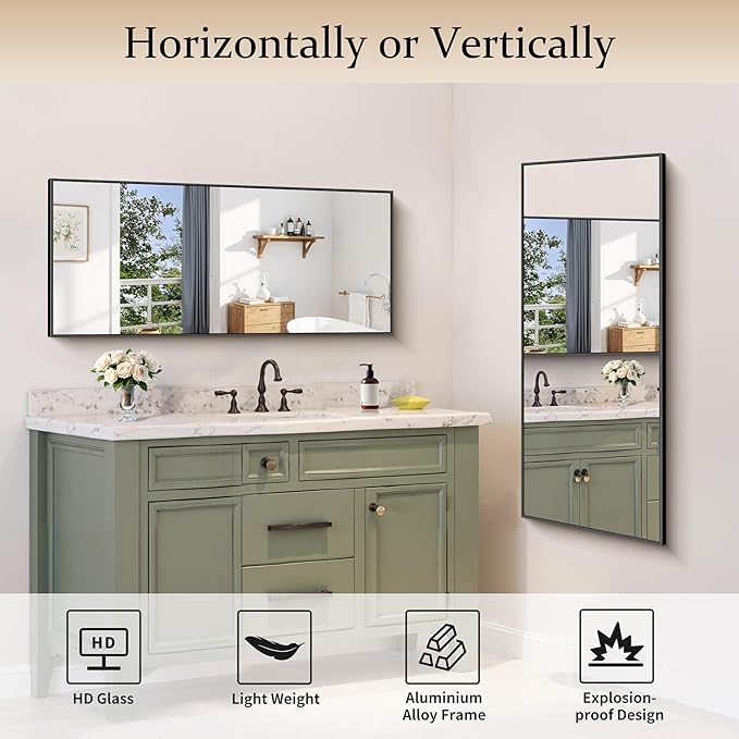 Black Bathroom Mirror for Wall, 20x48 Inch Rectangle with Metal Frame, Modern Vanity for Bathroom Living Room, Entryway Hangs Horizontal or Vertical