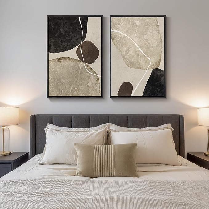 Large Framed Neutral Abstract Wall Art Set of 2, Modern Black Beige Brown Canvas Prints Paintings Artwork for Walls, Minimalist Stone Shape Pictures for Living Room Dining Bedroom Wall Decor 24x36 In