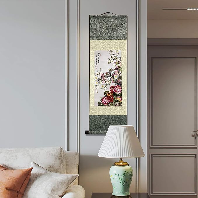 AtfArt Asian Wall Decor Beautiful Silk Scroll Painting Flowers - Rich and noble - Rich White Head Oriental Decor Chinese Art Wall Scroll Wall Hanging Painting Scroll (36.2x 12 in)