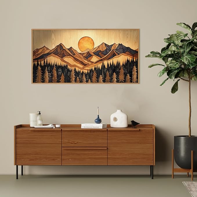 Ausril Woodcut Mountain Pine Tree Framed Canvas Wall Art Set - 20x40 Inch, Vintage Nature Forest Wilderness Landscape Print, Brown Boho Style Painting for Living Room, Bedroom, Office Decor