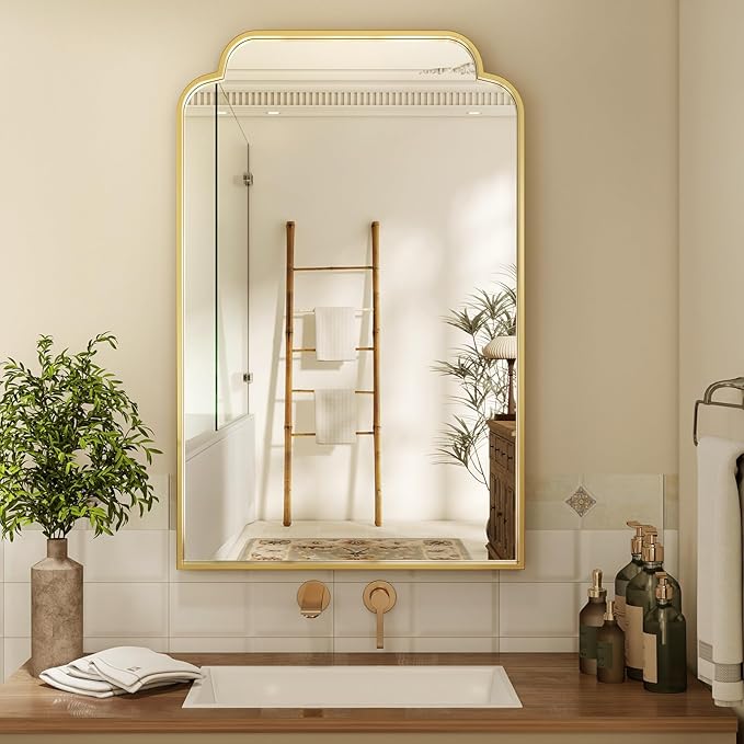 24" x 36" Gold Arch Bathroom Mirror, Wall Mounted Vanity Mirror with Metal Frame, Modern Scalloped Wall Mirror for Sink, Bedroom, Living Room, Entry, Farmhouse Home