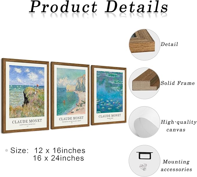 JLTULT 3 Piece Framed Vintage Claude Monet Canvas Wall Art, Impressionism Landscape Wall Decor, The Cliff Walk at Pourville Water Lilies Prints for Living Room Bedroom Office 12x16 in Easy to Hang