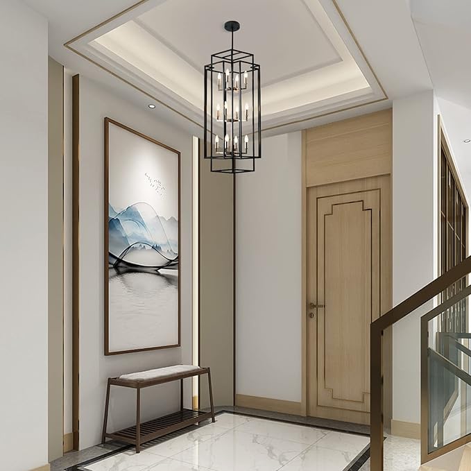 12 Lights Pendant Light, Metal Lantern Island Light, Vintage Black Ceiling Light, Industrial Tiered Hanging Light Fixture, Farmhouse Chandeliers for Dining Room, Living Room, Kitchen