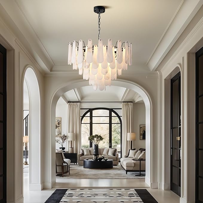 Alabaster Chandelier, D31.5 in Modern Round Chandelier, 6-Tiers Luxury Large White Marble Black Chandeliers for Dining Room Bedroom Foyer Living Room Entryway