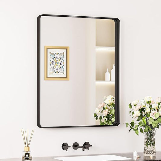 Keonjinn Black Mirror for Bathroom Sink, 24 x 30 Inch Sandblasted Finish Aluminum Wall Mirrors, Matte Black Rectangle Farmhouse Mirror with Shatterproof HD Tempered Glass, Anti-Rust Metal Frame