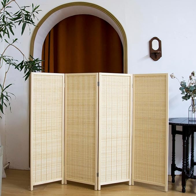 4 Panel Short Panel Divider Screen,3.95 FT Tall Bamboo Room Divider Folding Privacy Screen,Short Panel Divider Freestanding Room Divider for Room Seperation,Beige