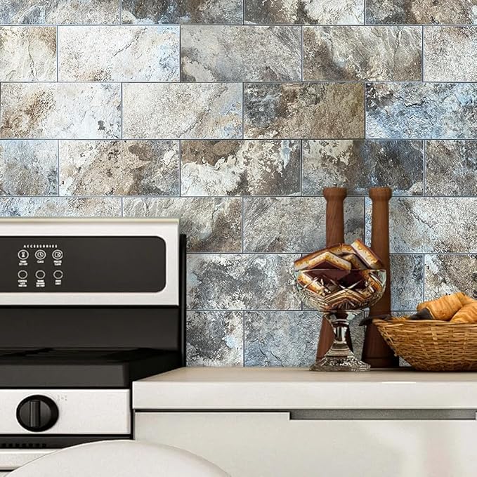 AULIGET 2-Piece Beige & Brown Slate Peel and Stick Backsplash Wall Tiles, 6" x 12" PVC Faux Stone Stick on Tiles for Backsplash Kitchen, Bathroom, Laundry Room, Camper, Fireplace