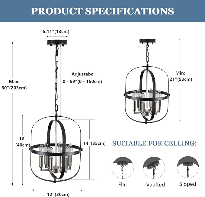 ANKYLHUA Black Nickel Chandeliers for Dining Room,Chandelier 6-Light,E12 Base Light Fixture Adjustable Height,Ellipse Farmhouse Hallway Light Fixtures for Kitchen Entryway Foyer