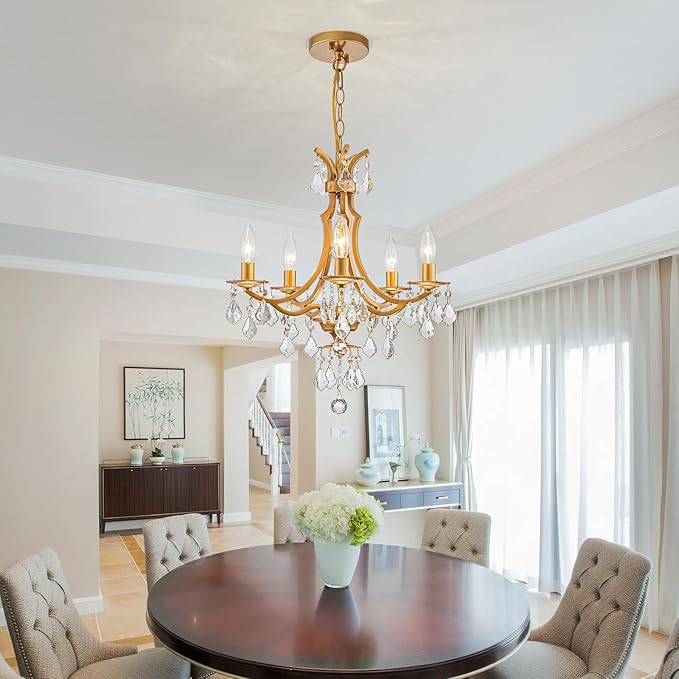 5-Light Crystal Maria Theresa Chandeliers, Pendant Light Fixture for Dining Room, Living Room, D17 x 21~69" (Adjustable Height), Clear Crystal & Gold Finish Frame