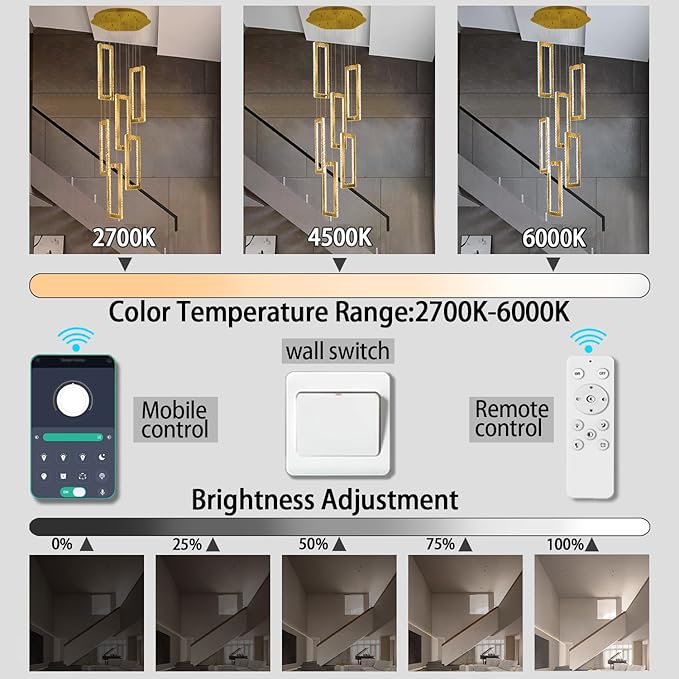 Modern Led Gold Chandelier Adjustable 6 Rings Crystal Chandelier for Living Room Foyer Stairwell Lighting High Ceiling Lamp Dimmable 2700K-6000K