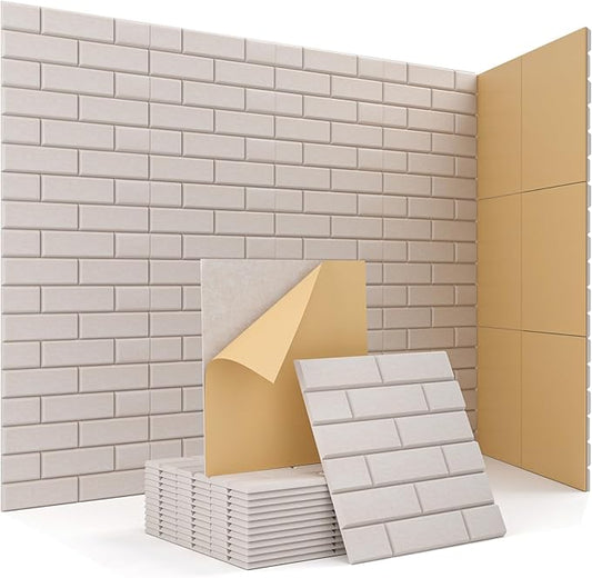 Acoustic Wall Panels, Brick Pattern Peel and Stick Sound Absorbing Panel for Ceiling, Door, Pared, 12 Pack 12"x12"x0.4", Beige Decorative Self Adhesive Wall Tiles for Recording Studio, Room