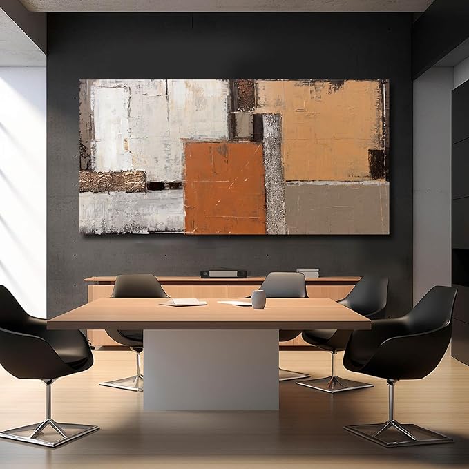 Orange Abstract Canvas Photo Prints Living Room White Artwork Brown Block Painting for Room 29"x 58" Office Wall Art Bedroom Hallway Decor