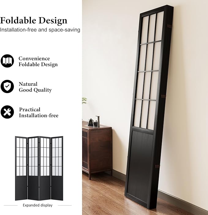 5.6FT Room Divider and Folding Portable Partition Screen, Chinese Japanese Shoji Style for Room Separation - 4 Panel (Black)