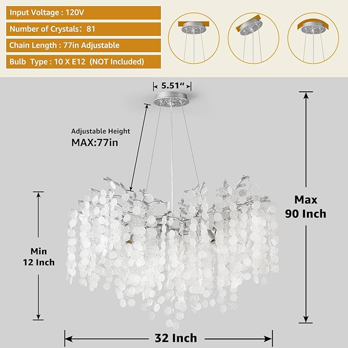 32 Inch Modern Tree Branch Light Fixture, 10-Light Large Contemporary Bedroom Chandeliers, Hanging Round Coastal Chandeliers for Dining Room Foyer Living Room, Silver