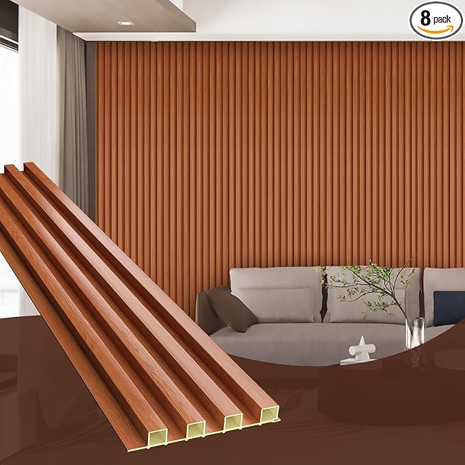 OUZUGIE WPC Acoustic Slat Wall Paneling, 8-Pack 96 x 6 Inches 3D Wall Panels for Interior Wall Decor,Living Room,TV Background,Study Room,Office Spaces,Bedroom,High Grille (Teak)