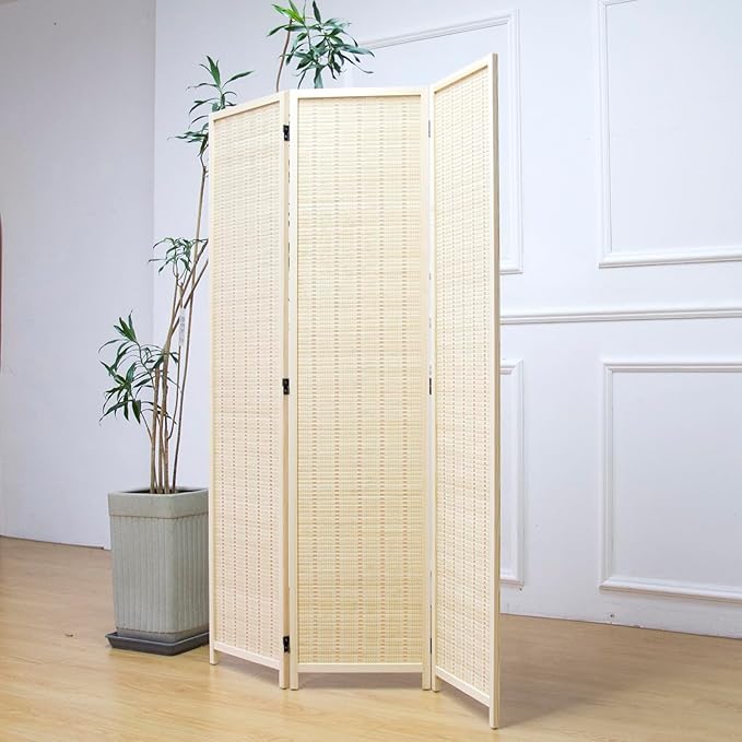 3 Panel Room Divider and Folding Panel Screen,Bamboo Panel Divider Screen for Room Separation,Beige,67" H x 46" W