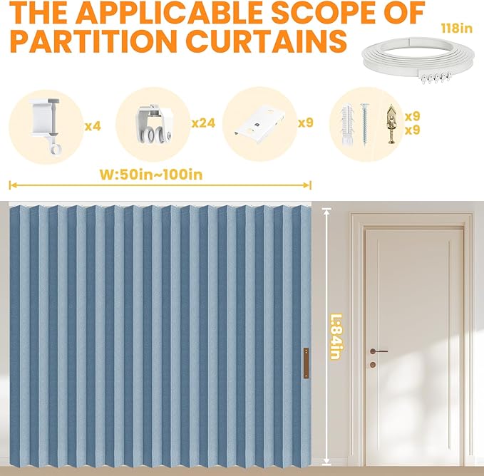 AJAZZ 100% Blackout Accordion Room Divider Curtains - with Flexible Ceiling Track Total Privacy Sound Proof Curtains Suitable for Bedroom Patio Sliding Door (Blue, W100 x L84, 1 Pack)