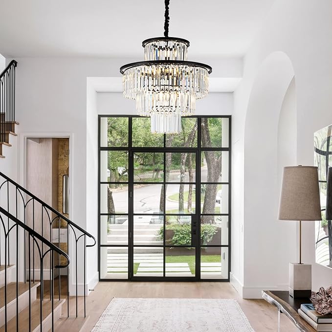 23" 14-Light Modern Crystal Chandelier Light Fixtures 4-Tier Black Luxury Chandeliers for Dining Room Round Hanging Pendant Lighting for Living Room Kitchen Entryway Bedroom Foyer Hallway