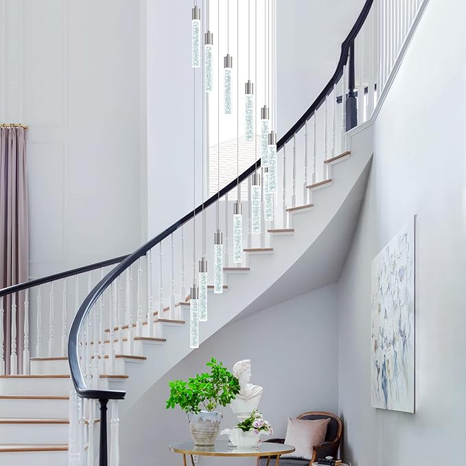 12 Lights Modern Crystal Chandelier, 59 inch Large Long Foyer Chandelier, High Ceiling Light Fixture, Foyer Pendant Lighting Dimmable Switch from 3000K 4500K 6000K for Staircase Entryway living room