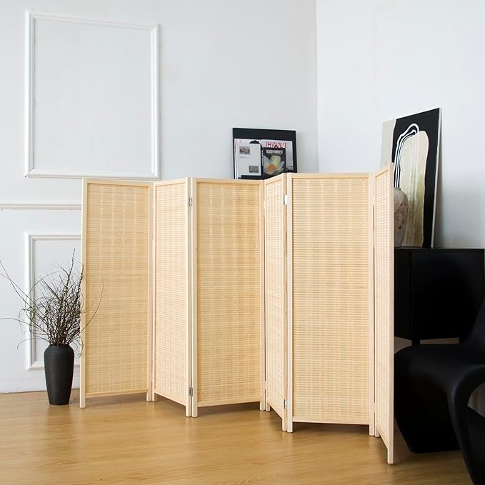 6 Panel Short Panel Divider Screen,3.95 FT Tall Bamboo Room Divider Folding Privacy Screen,Short Panel Divider Freestanding Room Divider for Room Seperation,Beige