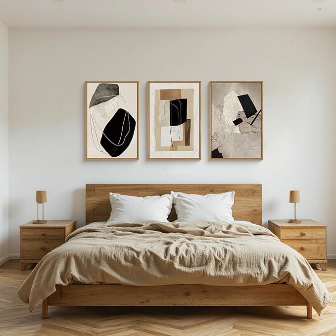 Abstract Modern Geometric Framed Canvas Wall Art Set,Neutral Tone Beige Black Brown Wall Decor,Minimalist Textured Line Shape Artwork for Living Room, Bedroom,Farmhouse-24 x36 x3