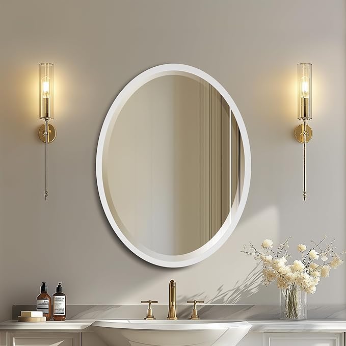 OVALCREST - Oval Wooden Beveled Wall Mirror for Home Decor, Bathroom, Vanity, Bedroom, Living Room, Hallway - London Style (Linen White) 41.1 x 31.1