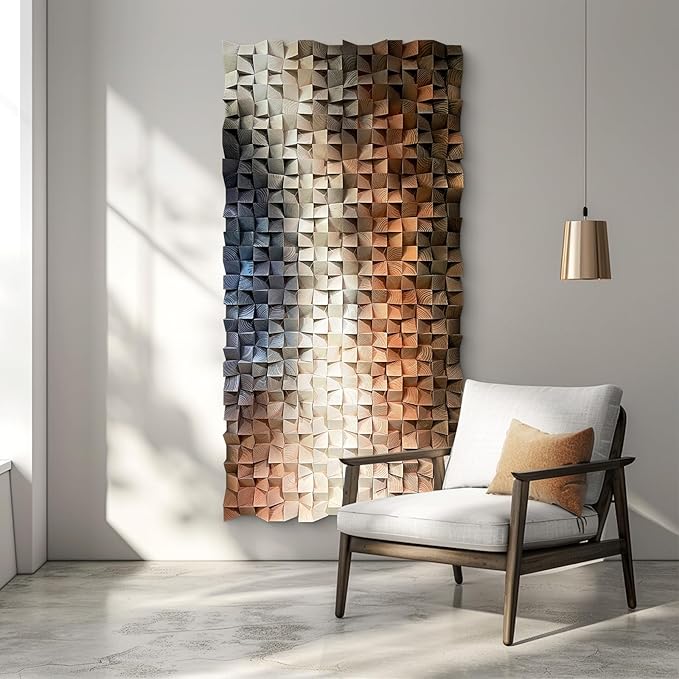 LIUZEYUE - 3D Wood Wall Art Decor Hand Crafted Wooden Blocks | Geometric Sculpture Art Modern Home Office Wall Art Easy Installation 39.4"x78.7"