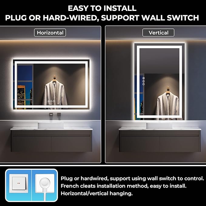 55x36 Inch LED Bathroom Mirror with Lights Front and Backlit Lighted Vanity Mirror for Bathroom Wall with 3 Colors Dimmable Anti-Fog Memory Shatter-Proof IP54 Waterproof Horizontal/Vertical