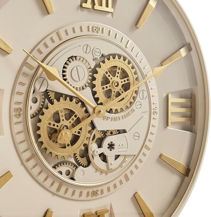 CLXEAST Mid Century Minimalist Modern Wall Clocks,24 Inch Wall Clock with Moving Gears, Large Cream Gold Wall Clocks for Living Room Decor,House Warming Gifts New Home