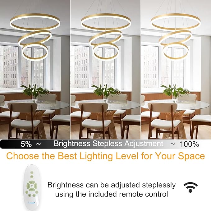 Modern Gold Chandelier Dimmable 3 Rings Chandelier Light Fixture 3000K-6500K Modern Led Pendant Light Color Changing Creative Design Kitchen Island Lighting Adjustable Hight