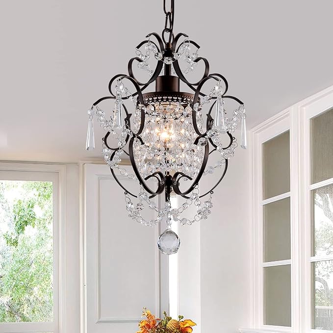 Modern Mini Crystal Chandelier,Iron Bronze Crystal Light Fixtures Ceiling Mount 1 Light Small Chandeliers for Bedroom Elegant Hanging Lighting for Girls Room Dining Room Closet Kitchen Island