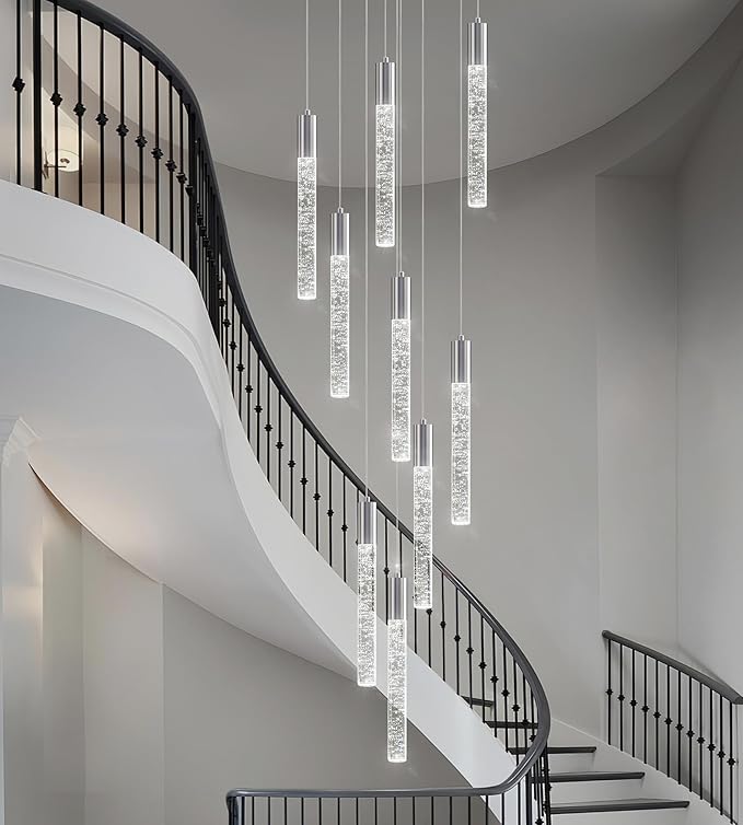 9-Lights High Ceiling Crystal Chandelier, Modern LED Raindrop Pendant Light Fixture 79" H Flush Mount Chandelier Chrome for Foyer Staircase Living Room