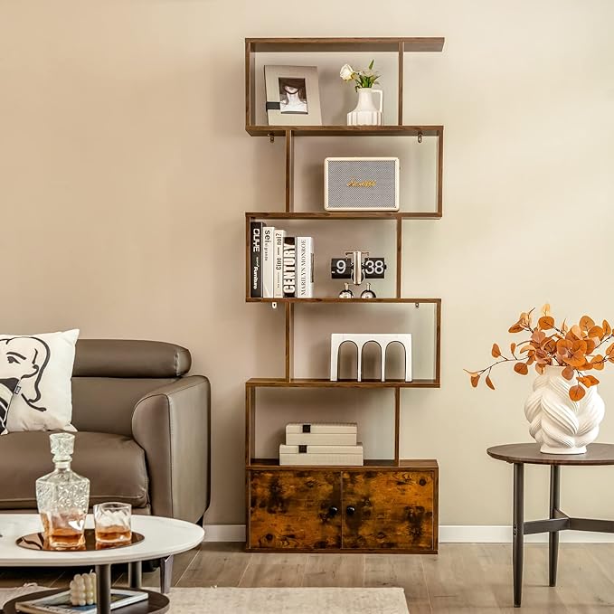 6-Tier Geometric Bookcase, 72” Freestanding Room Divider Bookshelf with Open Display Shelves & Multi-use Storage Cabinet, Wood S-Shaped Storage Organizer for Living Room, Bedroom & Home Office