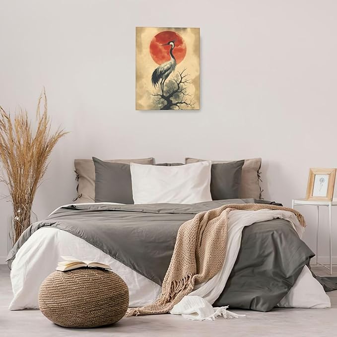 Japanese Crane Wall Art Oriental Asian Wall Decor Sandhill Crane Canvas Pictures Paintings Prints Japan Traditional Aesthetic Artwork Framed Chinese Decorations For Bedroom Living Room Office Gifts 16" x 20"