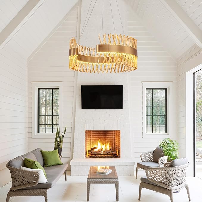 Modern Gold Chandeliers, 24" LED Dining Room Light 60W Dimmable Luxury Crystal Round Chandelier for Kitchen Island Bedroom Foyer Entryway Living Room, Brass