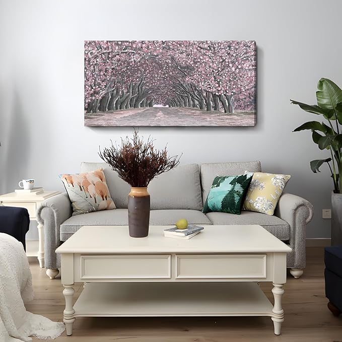 Nicetop Large Pink Wall Art – Floral Tree Artwork Romantic Cherry Blossom Landscape Canvas Art Print Dreamy Sakura Flower Pathway Forest Tunnel Nature Picture for Living Room Bedroom Girls Room 48x24 Inch