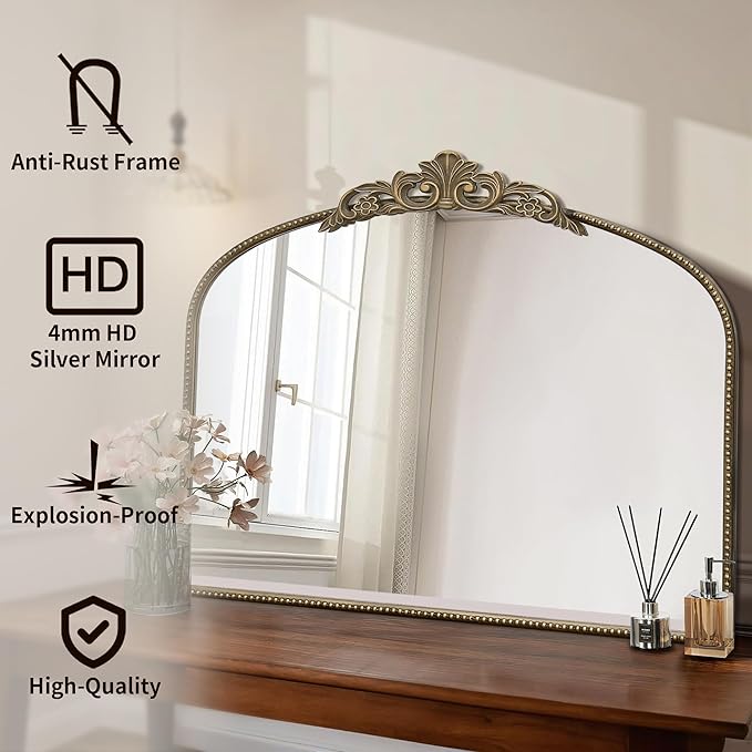 Micasso Large Antique Gold Mirror: 29"x 36" French Baroque Arched Mirror - Traditional Ornate Vintage Mirrors for Wall/Mantel/Entryway/Bathroom/Hallway - Home Decor for Living Room