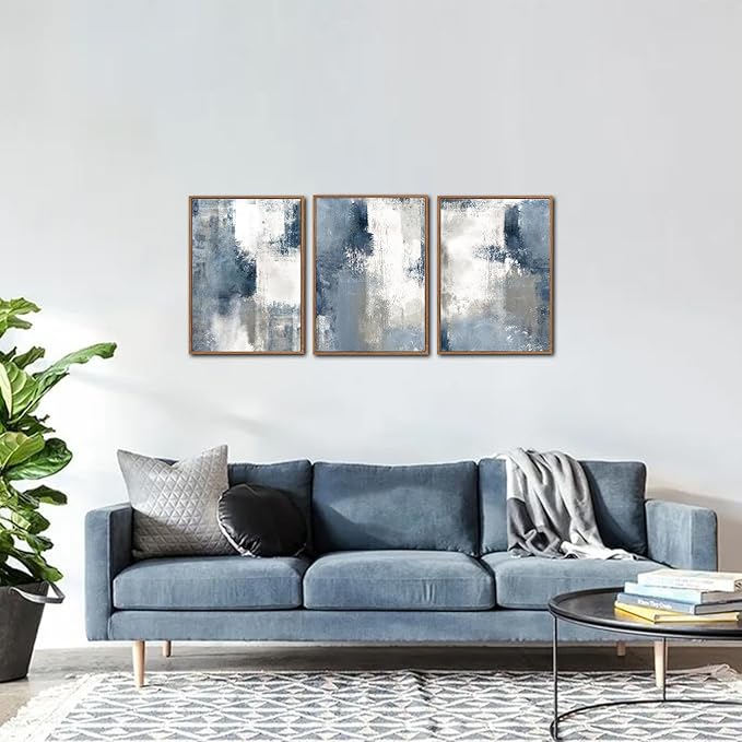 LHIUEM Large Navy Blue and Gray Framed Canvas Wall Art Set of 3(12”X16”) Modern Abstract Wall Decor Brush Strokes Block Shape Artwork Minimalist Neutral Blue Printing for Living Room Bedroom Office