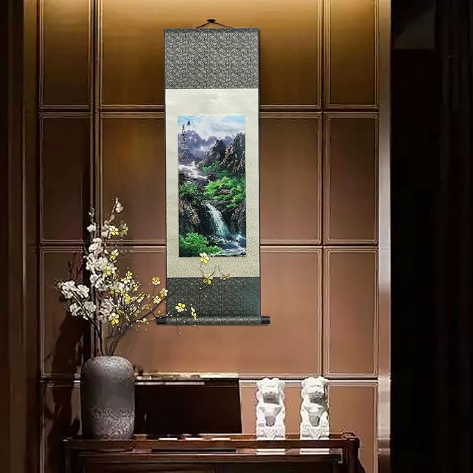 AtfArt Asian Wall Decor - Beautiful Silk Scroll Painting of Four Seasons Landscape - Summer, Autumn, Winter-Spring - Oriental Decor - Chinese Art - 36.2 x 12in
