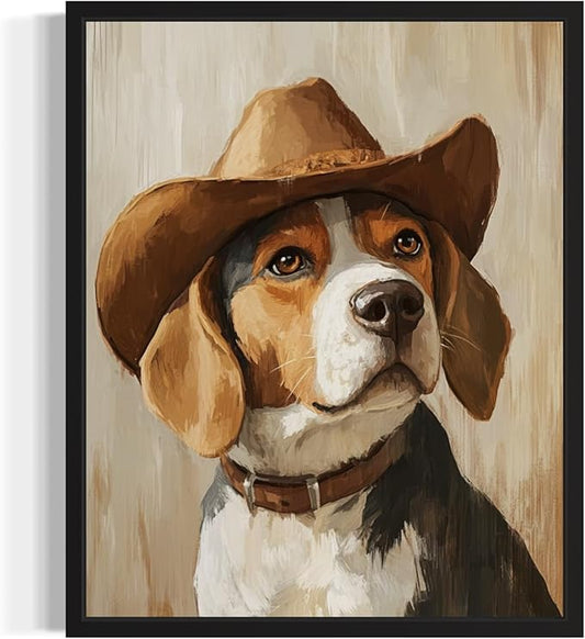 Beagle Cowboy Art Print Poster Wall Art, Western Country Farmhouse Wild West for Bedroom, Bathroom, Living Room Art Decor 58 (Beagle, 11 x 14 inches, Black Frame)