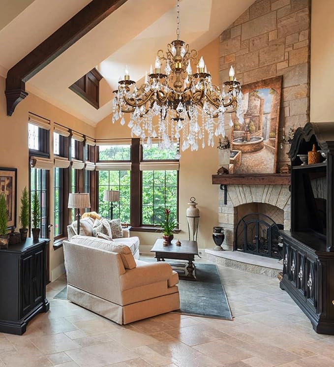 Antique Bronze Chandelier, Vintage Gold Crystal Chandeliers Lighting for High Ceiling Foyer 10-Light Candle Hanging Light Fixture Dining Room Entry Way Hall Large 36.4"