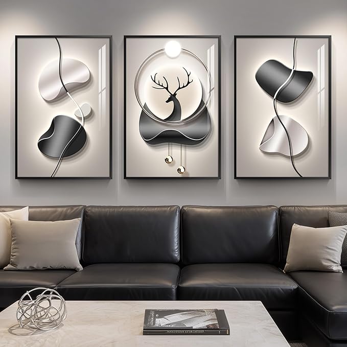 3 Piece Large Framed Modern Abstract Wall Art, Black and Gray Silver Bright Artworks Decor, Minimalist Geometric Line Deer Picture Prints for Living Room Entryway and Hallway 24x36 Inch