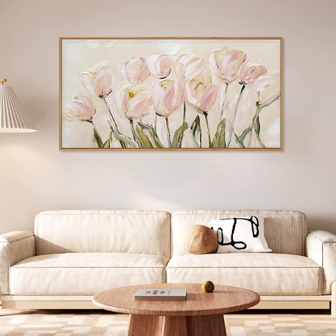 CHDITB Tulip Floral Framed Canvas Wall Art, 20"X40" Watercolor Flower Pink Tulip Textured Oil Painting, Modern Wildflower Wall Decor, Large Pink Floral Artwork for Living Room, Bedroom, Office