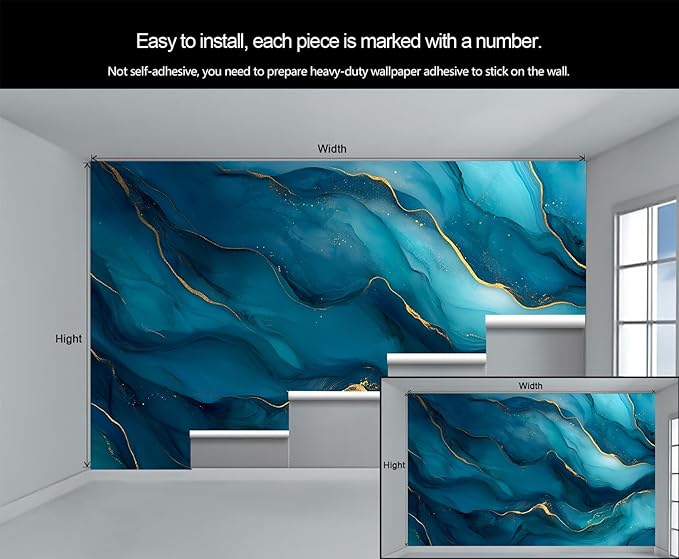 Blue Gold Marble Mural Wallpaper, Modern Fashion Marble Murals, Abstract 3D Gold Texture Murals, Wallpaper for Living Room Bedroom Boy Girl Room Home Decor Mural (Not Peel Stick)